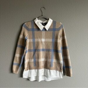 Plaid Tan and Blue Women's Sweater with White Collar